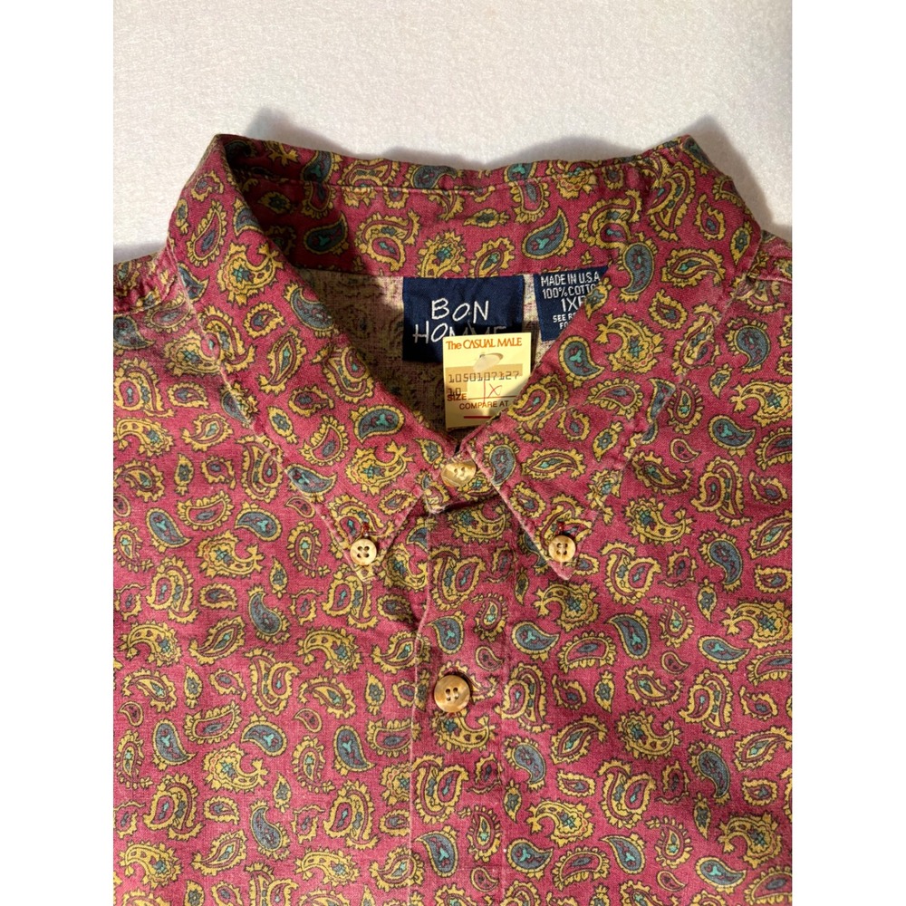 Bon Homme Mens 1XB Paisley Button Down Shirt Sand Washed Cotton Burgundy Vintage